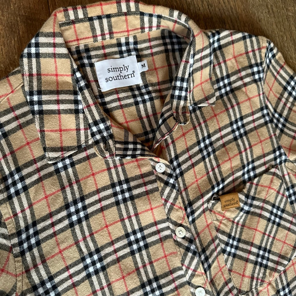 Women's Simply Southern Plaid Button Down Shirt M Beige Black - Picture 5 of 9